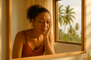Lea, dans sa salle de bain, épuisée par ses règles douloureuses