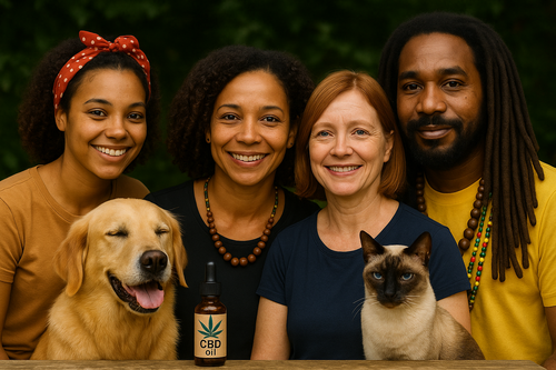 Équipe Weedily posant dans un jardin tropical avec Jessica Sainte-Rose, Madame Gil, Luna et Ras Chan, chroniqueurs CBD.