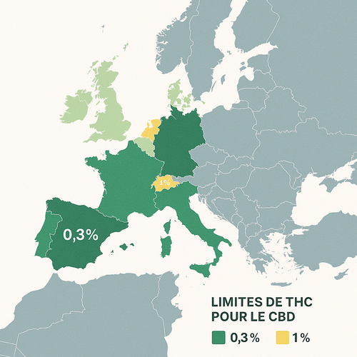 Carte des taux de THC autorisés pour le CBD en Europe - Réglementation par pays